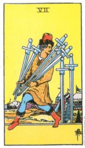 The Seven of Swords, a card from the Tarot. Against a bright yellow background, we see a guy in red boots carrying off two armfuls of swords from the enemy camp. Maybe it's early morning and inside the tents of the enemy everyone is still asleep.